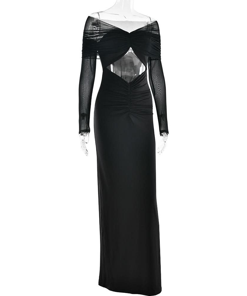 Sultry Black Sheer Mesh Sleeve Maxi Dress with Hooded Drape & Cutouts - Fall Party & Event Ready