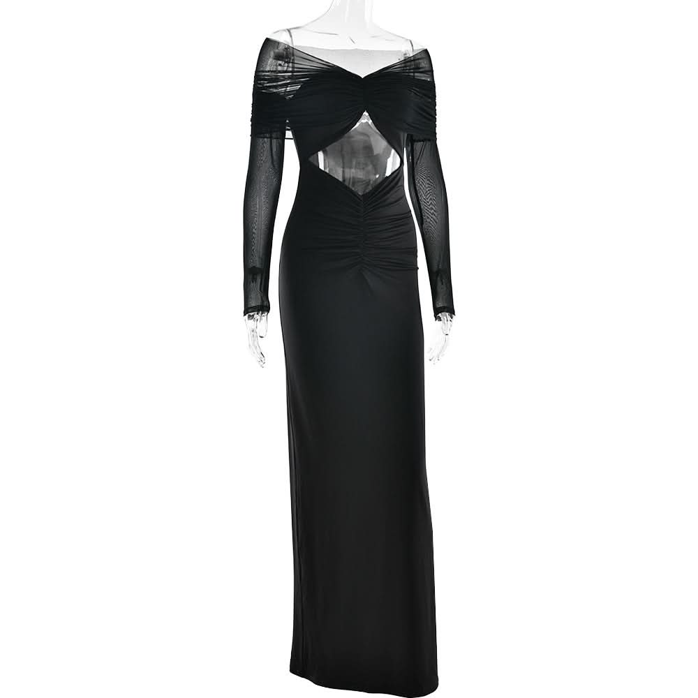 Sultry Black Sheer Mesh Sleeve Maxi Dress with Hooded Drape & Cutouts - Fall Party & Event Ready