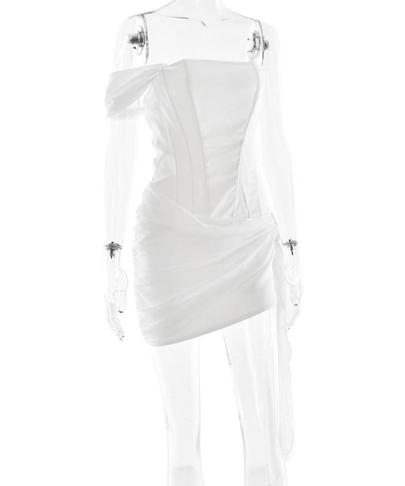 Chic White Asymmetrical Ruched Mini Dress with Draped Sash - Perfect for Holiday Parties & NYE