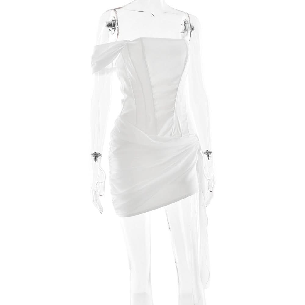 Chic White Asymmetrical Ruched Mini Dress with Draped Sash - Perfect for Holiday Parties & NYE