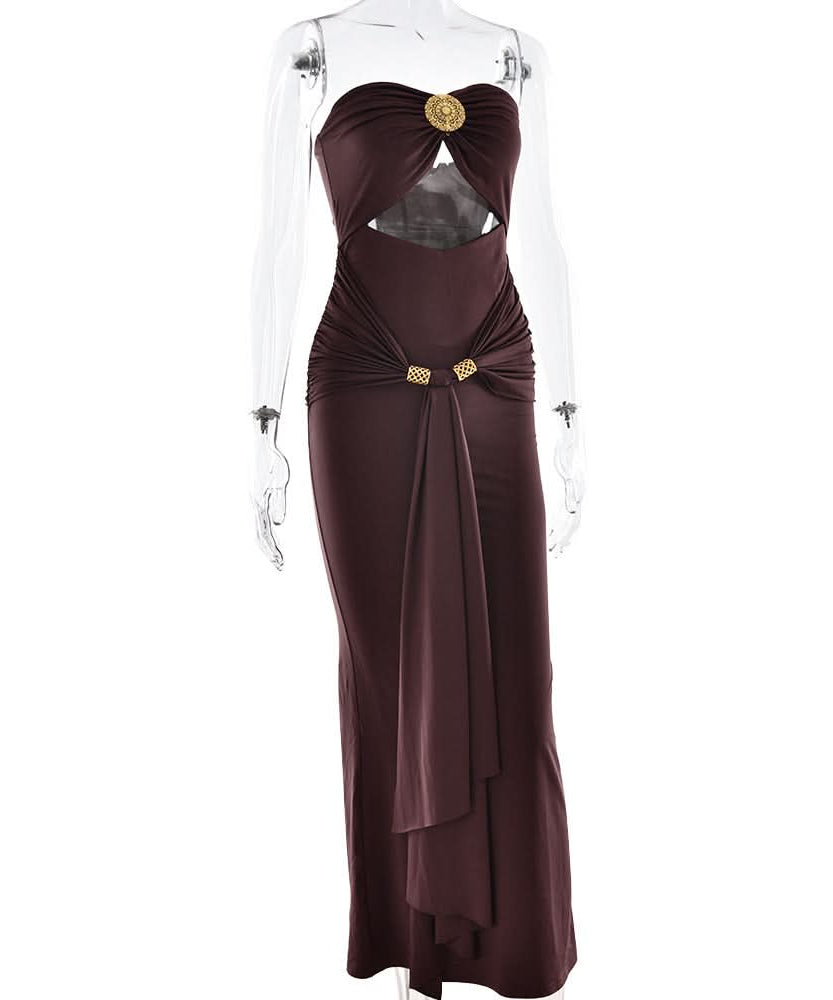 Glamorous Bronze Ruched Cut-Out Maxi Dress - Elegant Gold Medallion & Draped Slit | Fall & Holiday Event Ready
