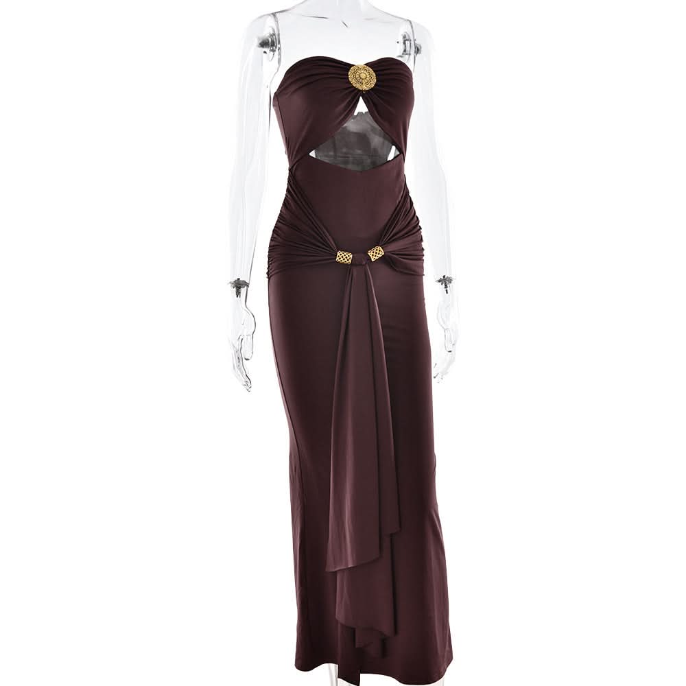 Glamorous Bronze Ruched Cut-Out Maxi Dress - Elegant Gold Medallion & Draped Slit | Fall & Holiday Event Ready