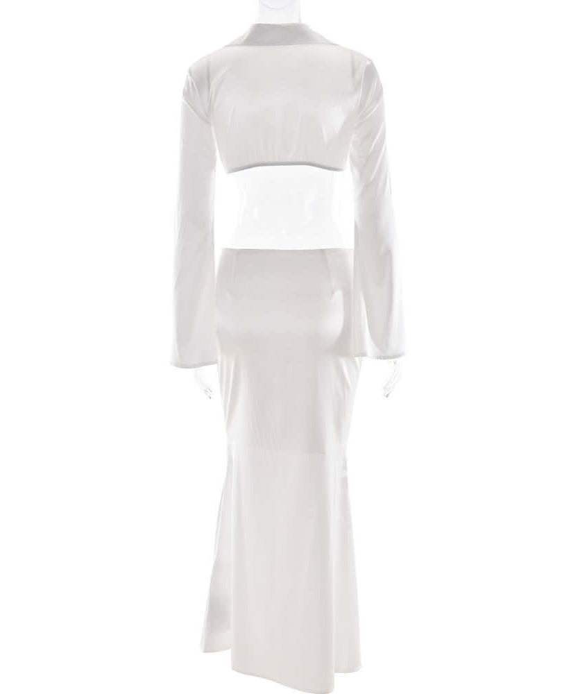 Luxurious White Satin Draped Maxi Skirt & Crop Top Set - Your Fall & Holiday Event Glam