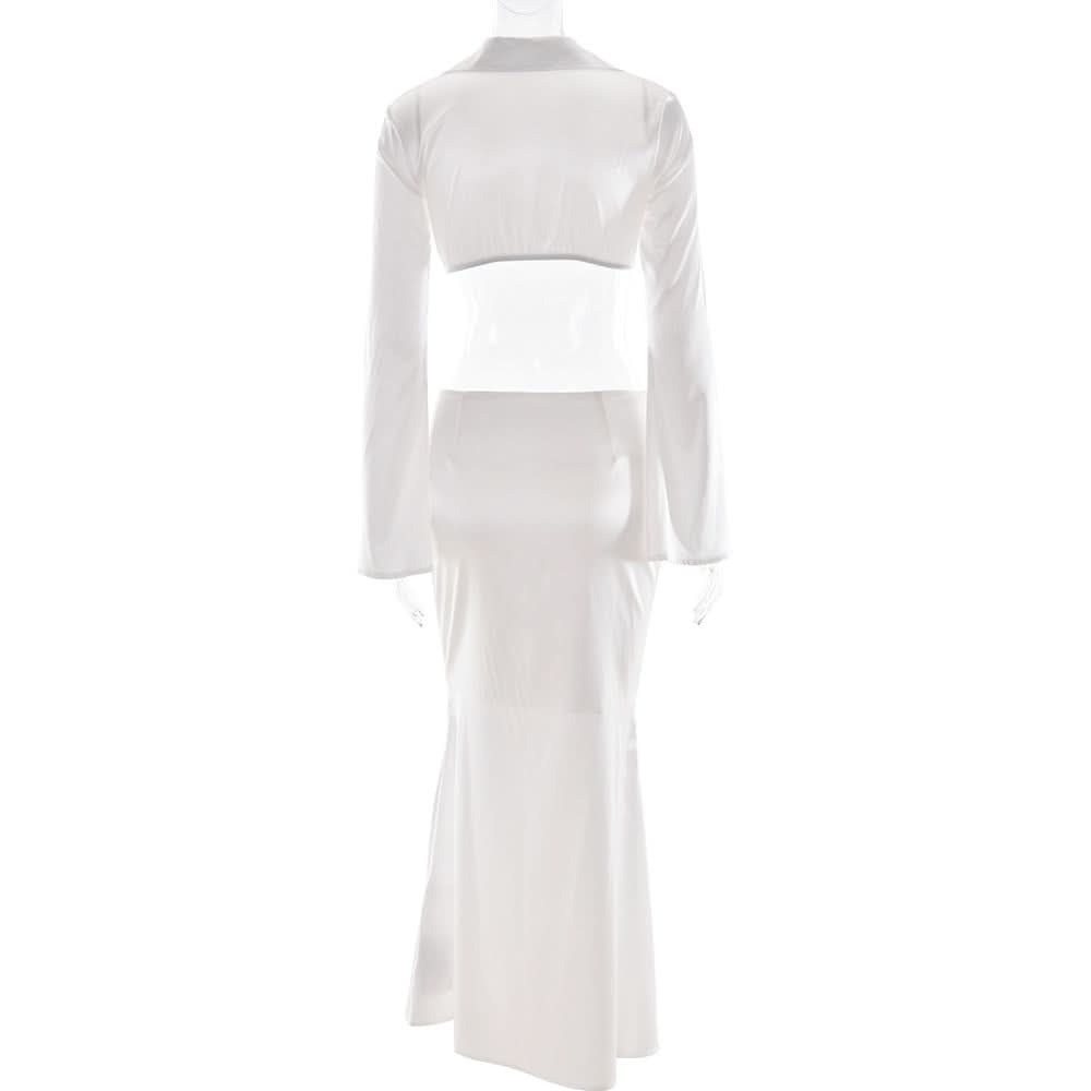 Luxurious White Satin Draped Maxi Skirt & Crop Top Set - Your Fall & Holiday Event Glam