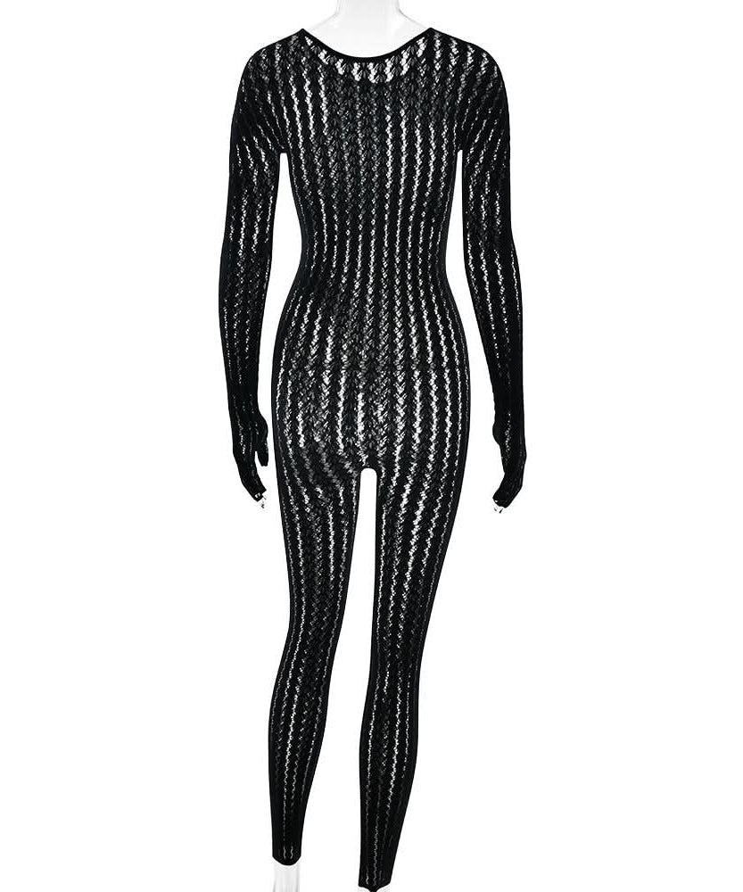 Sultry Black Sheer Knit Jumpsuit with Integrated Gloves | Halloween & Fall Party Ready