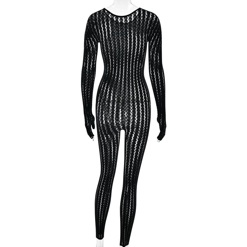 Sultry Black Sheer Knit Jumpsuit with Integrated Gloves | Halloween & Fall Party Ready