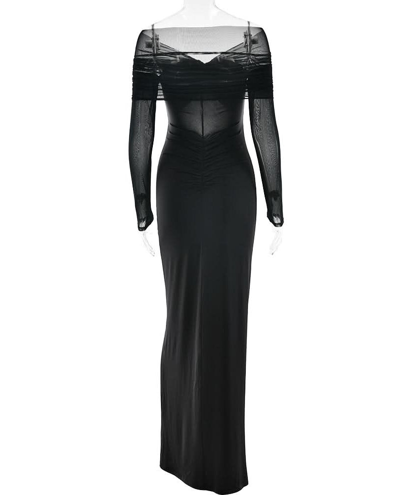 Sultry Black Sheer Mesh Sleeve Maxi Dress with Hooded Drape & Cutouts - Fall Party & Event Ready