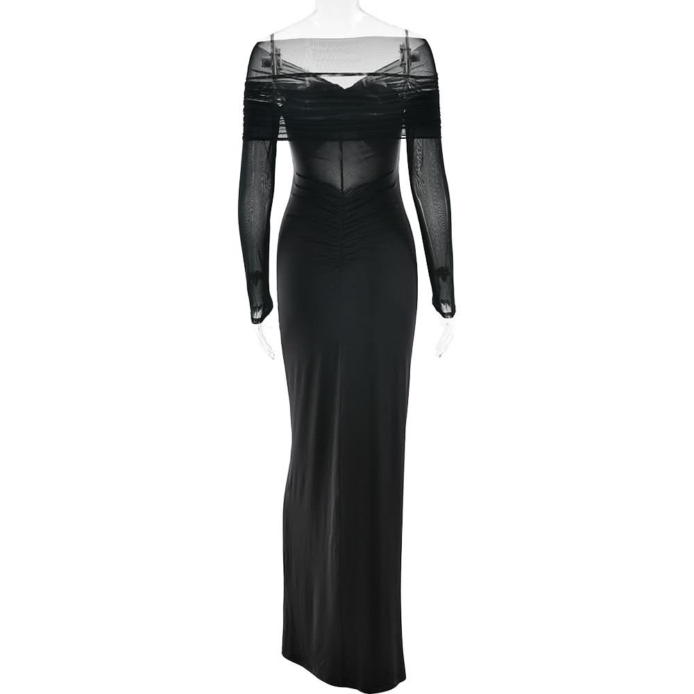 Sultry Black Sheer Mesh Sleeve Maxi Dress with Hooded Drape & Cutouts - Fall Party & Event Ready