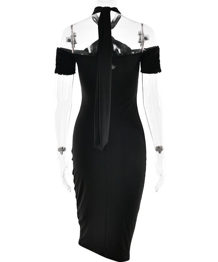 Sculpted Chic: Black Halter Cold Shoulder Cutout Midi Dress for Fall & Holiday Parties