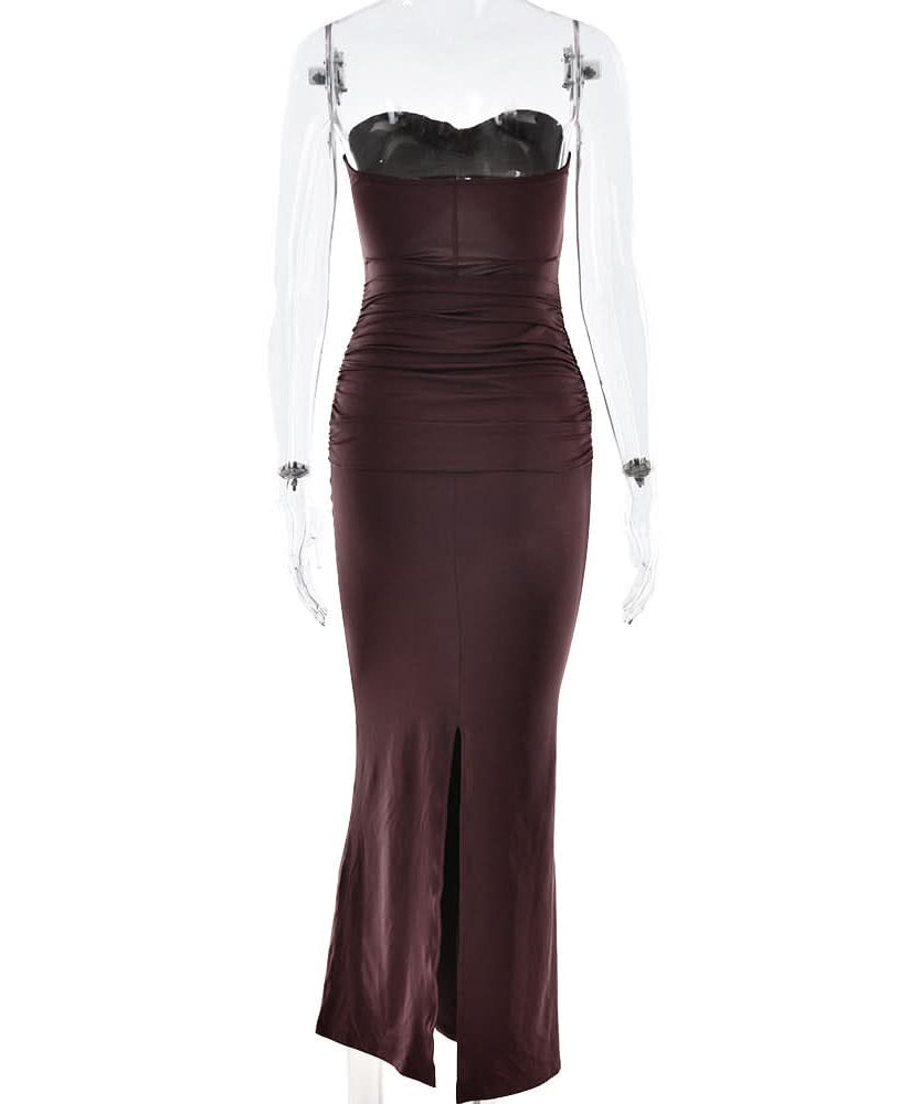 Glamorous Bronze Ruched Cut-Out Maxi Dress - Elegant Gold Medallion & Draped Slit | Fall & Holiday Event Ready