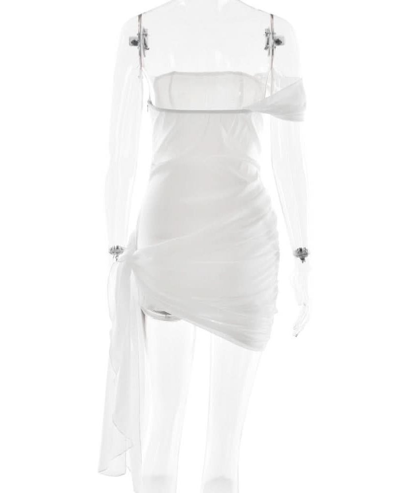 Chic White Asymmetrical Ruched Mini Dress with Draped Sash - Perfect for Holiday Parties & NYE