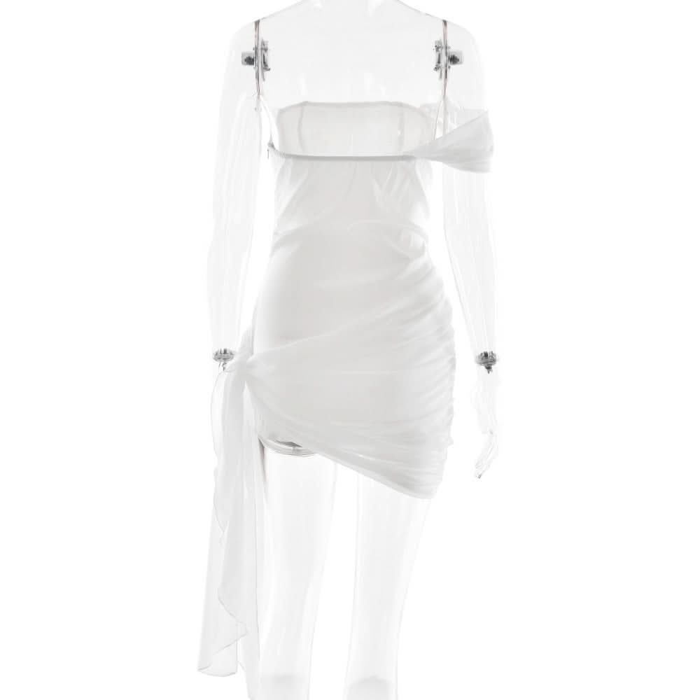 Chic White Asymmetrical Ruched Mini Dress with Draped Sash - Perfect for Holiday Parties & NYE