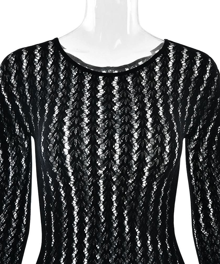 Sultry Black Sheer Knit Jumpsuit with Integrated Gloves | Halloween & Fall Party Ready