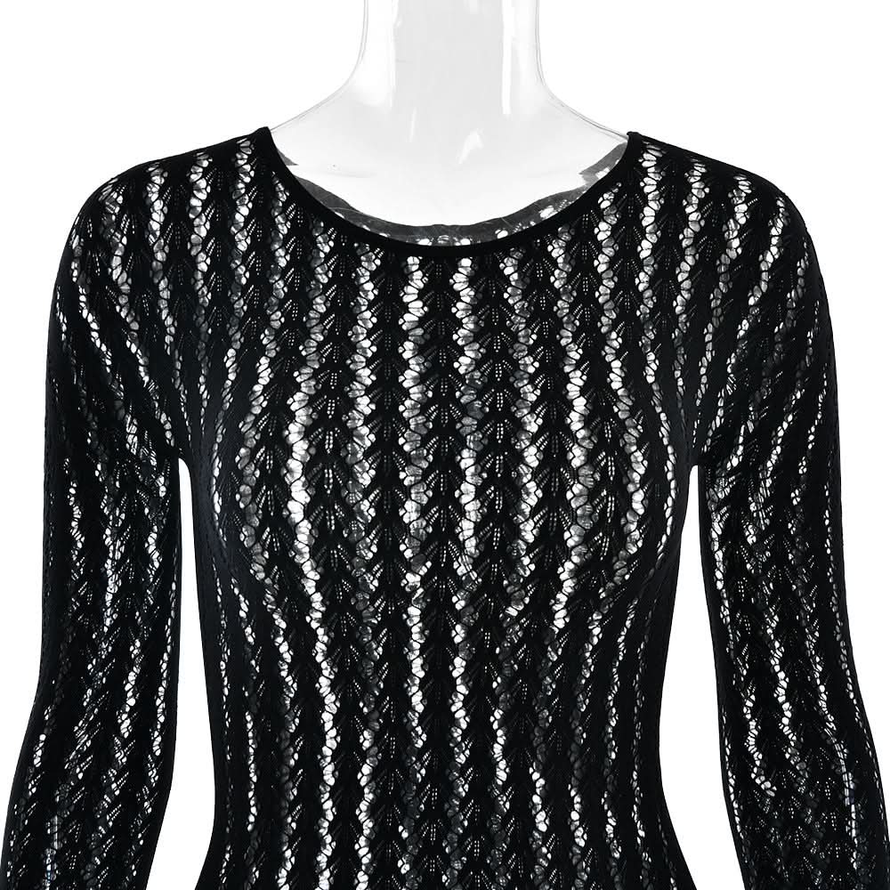 Sultry Black Sheer Knit Jumpsuit with Integrated Gloves | Halloween & Fall Party Ready