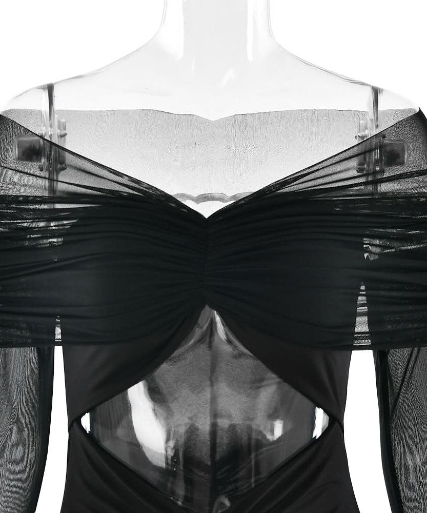 Sultry Black Sheer Mesh Sleeve Maxi Dress with Hooded Drape & Cutouts - Fall Party & Event Ready