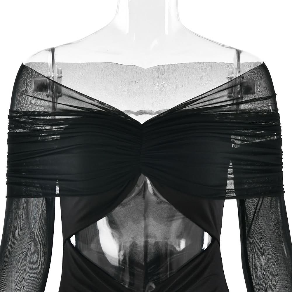 Sultry Black Sheer Mesh Sleeve Maxi Dress with Hooded Drape & Cutouts - Fall Party & Event Ready