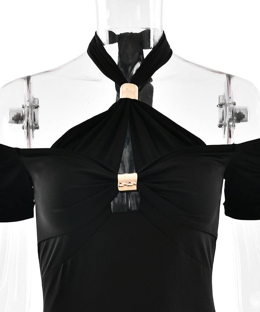 Sculpted Chic: Black Halter Cold Shoulder Cutout Midi Dress for Fall & Holiday Parties