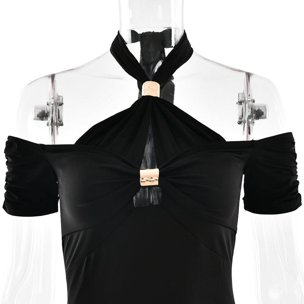 Sculpted Chic: Black Halter Cold Shoulder Cutout Midi Dress for Fall & Holiday Parties