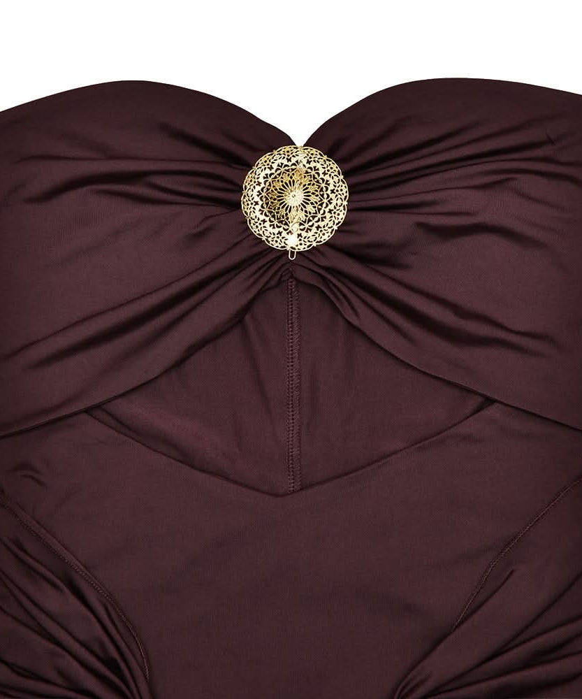 Glamorous Bronze Ruched Cut-Out Maxi Dress - Elegant Gold Medallion & Draped Slit | Fall & Holiday Event Ready