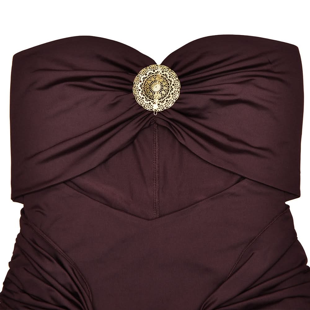 Glamorous Bronze Ruched Cut-Out Maxi Dress - Elegant Gold Medallion & Draped Slit | Fall & Holiday Event Ready