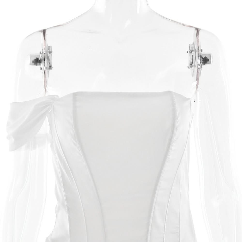 Chic White Asymmetrical Ruched Mini Dress with Draped Sash - Perfect for Holiday Parties & NYE