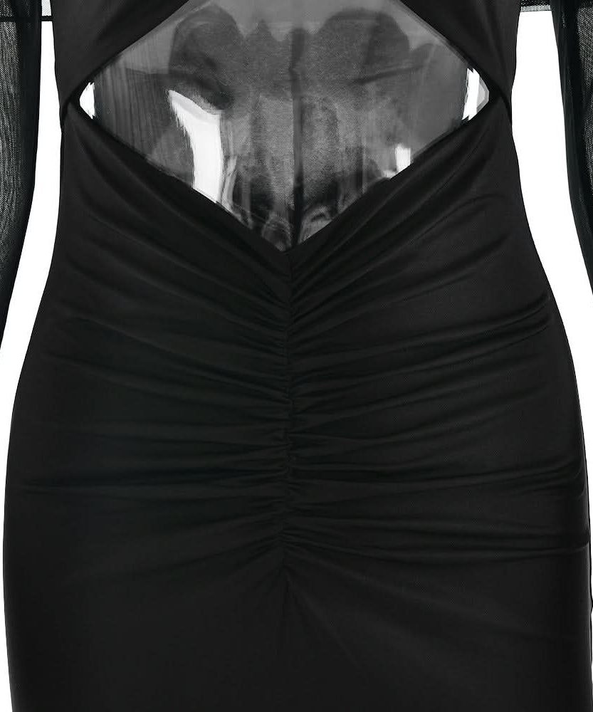 Sultry Black Sheer Mesh Sleeve Maxi Dress with Hooded Drape & Cutouts - Fall Party & Event Ready