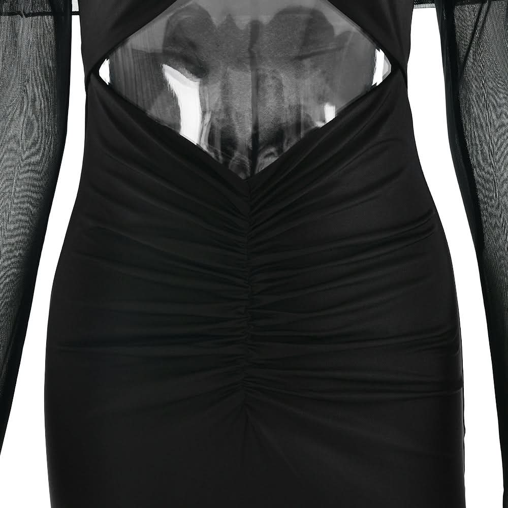 Sultry Black Sheer Mesh Sleeve Maxi Dress with Hooded Drape & Cutouts - Fall Party & Event Ready