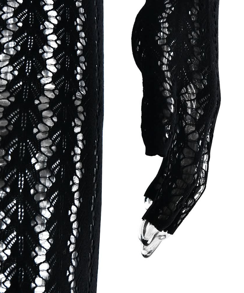 Sultry Black Sheer Knit Jumpsuit with Integrated Gloves | Halloween & Fall Party Ready