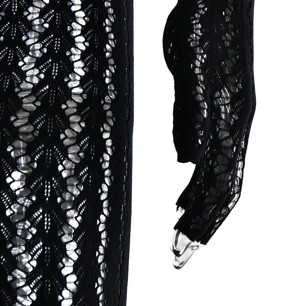 Sultry Black Sheer Knit Jumpsuit with Integrated Gloves | Halloween & Fall Party Ready