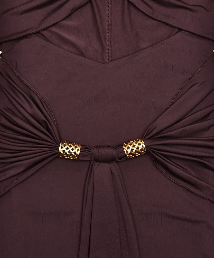 Glamorous Bronze Ruched Cut-Out Maxi Dress - Elegant Gold Medallion & Draped Slit | Fall & Holiday Event Ready