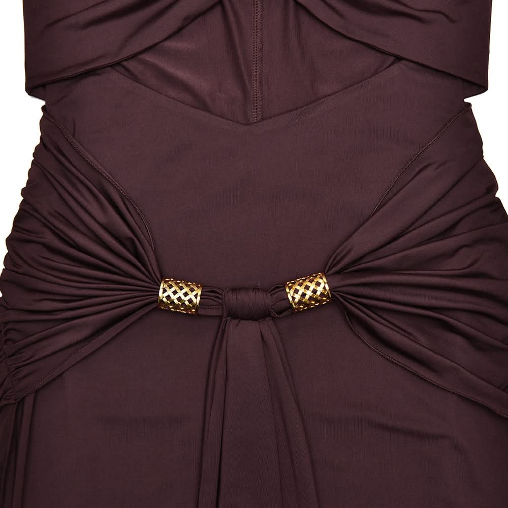 Glamorous Bronze Ruched Cut-Out Maxi Dress - Elegant Gold Medallion & Draped Slit | Fall & Holiday Event Ready