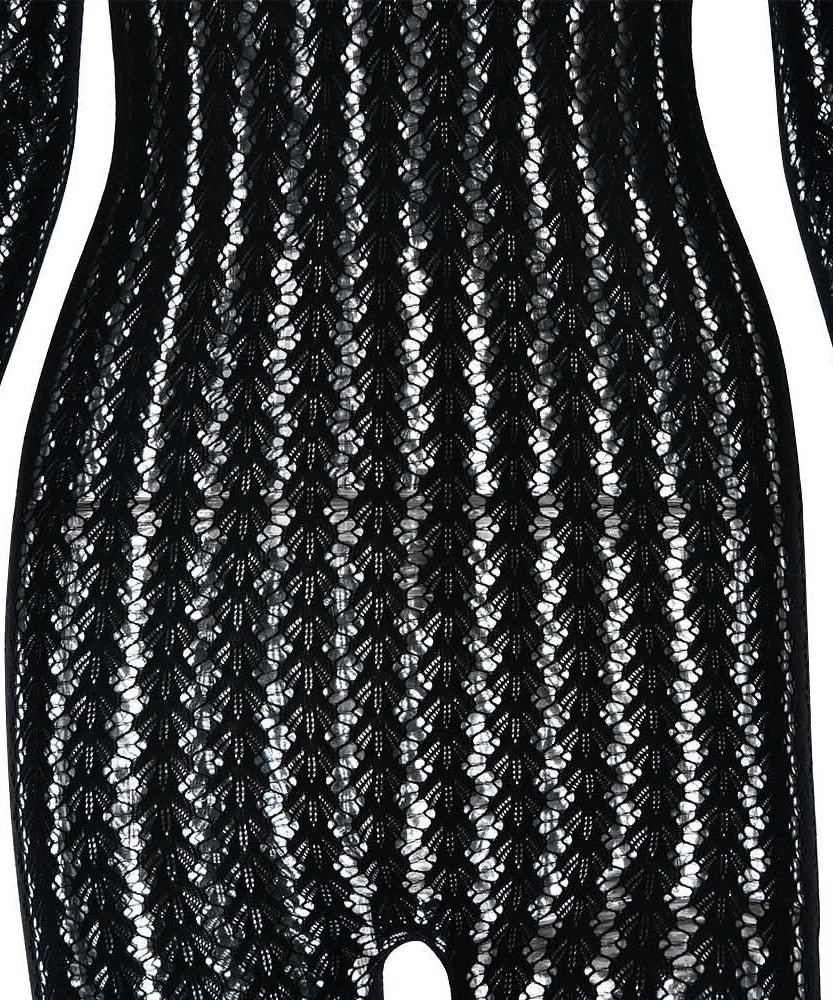 Sultry Black Sheer Knit Jumpsuit with Integrated Gloves | Halloween & Fall Party Ready