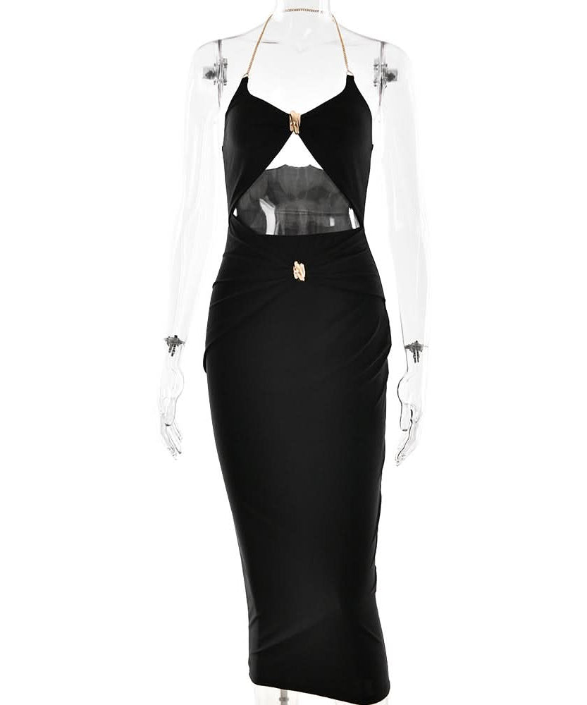 Glamorous Black Halter Cutout Midi Dress with Gold Chain – Perfect for Fall & Holiday Parties