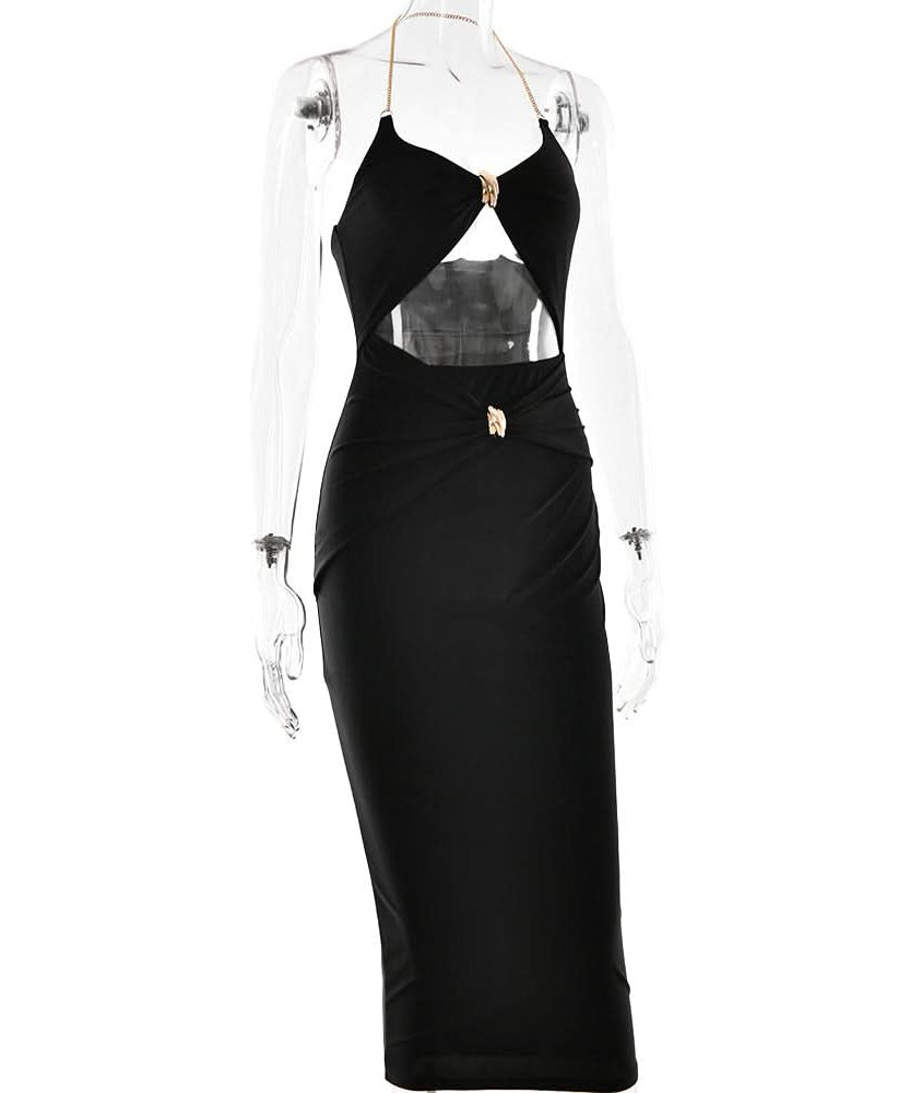 Glamorous Black Halter Cutout Midi Dress with Gold Chain – Perfect for Fall & Holiday Parties