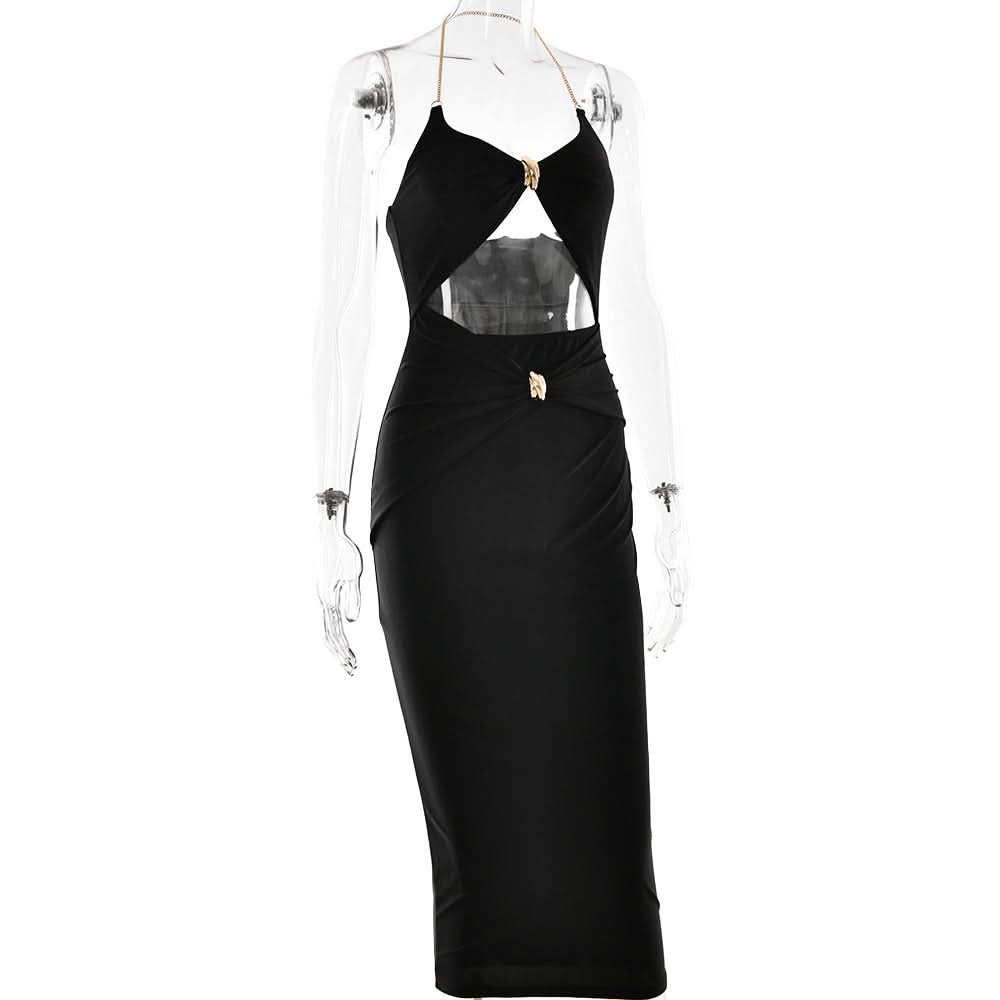 Glamorous Black Halter Cutout Midi Dress with Gold Chain – Perfect for Fall & Holiday Parties