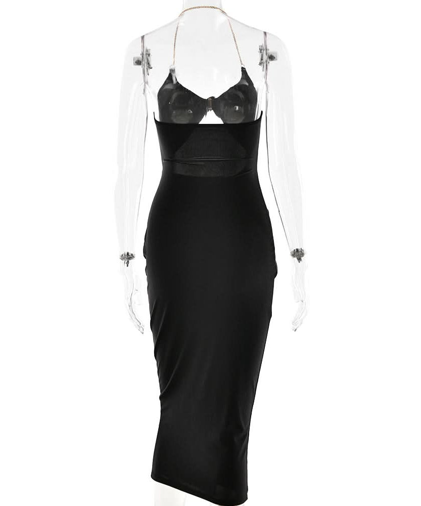 Glamorous Black Halter Cutout Midi Dress with Gold Chain – Perfect for Fall & Holiday Parties