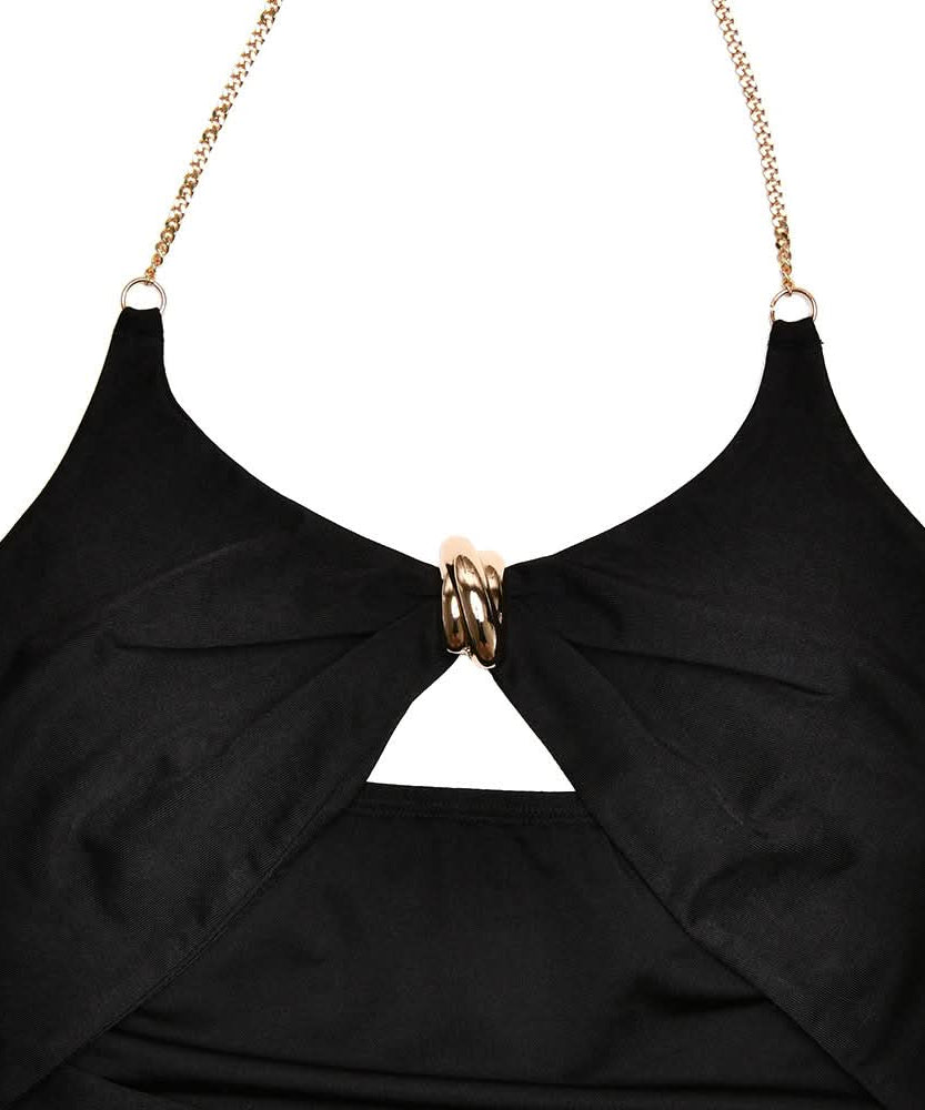 Glamorous Black Halter Cutout Midi Dress with Gold Chain – Perfect for Fall & Holiday Parties