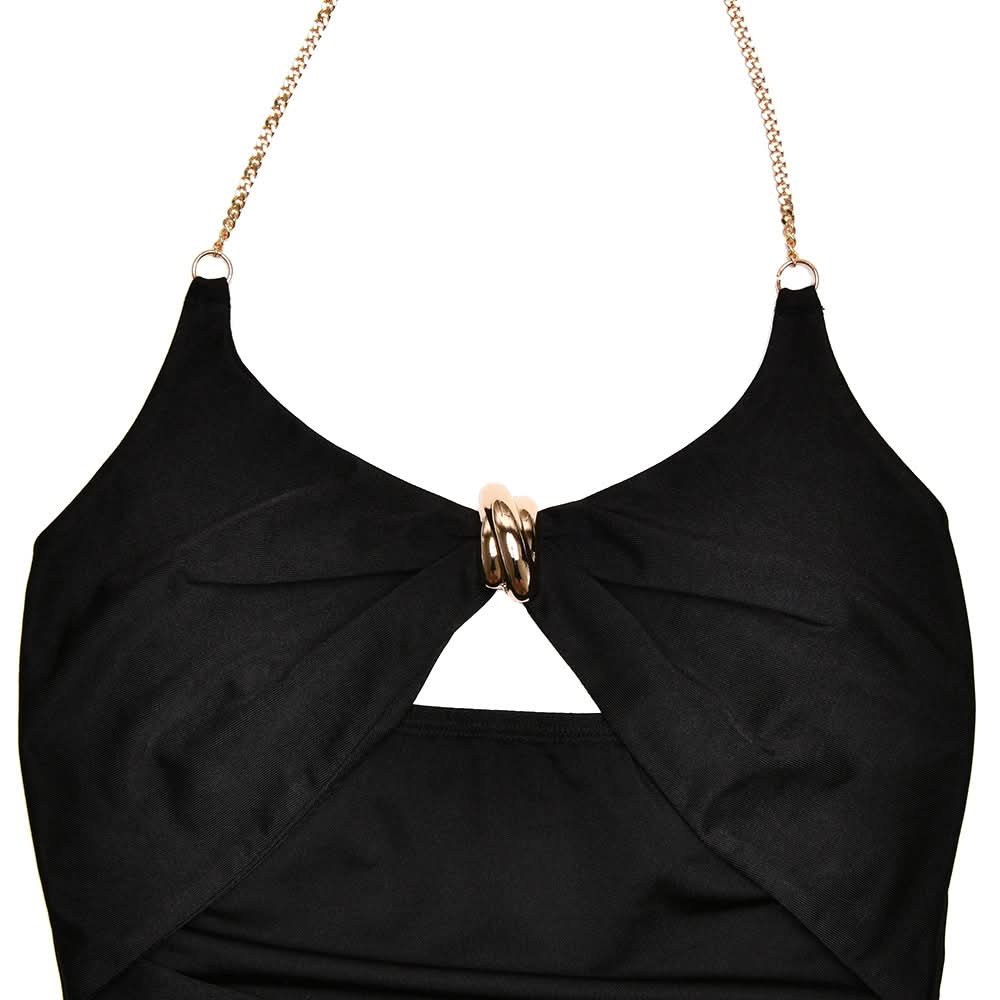 Glamorous Black Halter Cutout Midi Dress with Gold Chain – Perfect for Fall & Holiday Parties