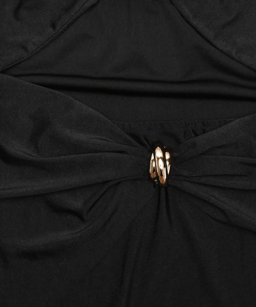 Glamorous Black Halter Cutout Midi Dress with Gold Chain – Perfect for Fall & Holiday Parties