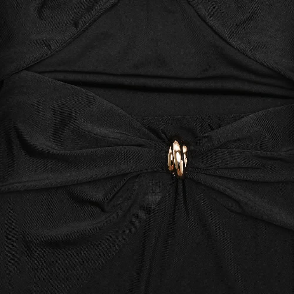 Glamorous Black Halter Cutout Midi Dress with Gold Chain – Perfect for Fall & Holiday Parties