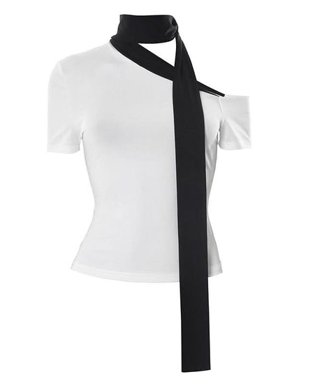 Modern Chic Asymmetrical Tie-Neck Top - Effortless One-Shoulder Style for Fall & Holiday