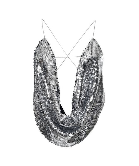 Sparkling Silver Sequin Cowl Neck Cami - Chic Cross-Back Straps for Holiday Parties & NYE
