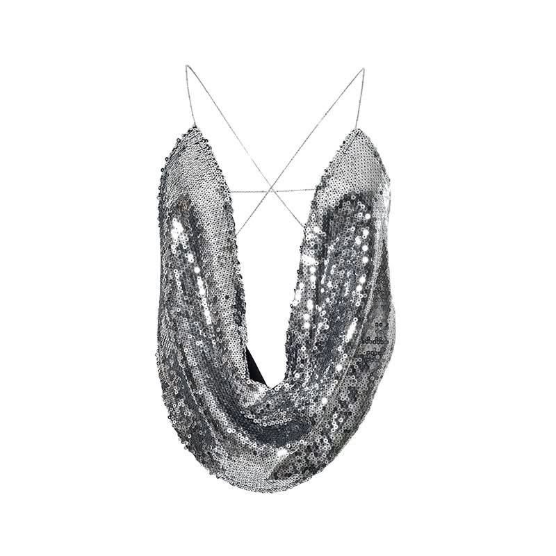 Sparkling Silver Sequin Cowl Neck Cami - Chic Cross-Back Straps for Holiday Parties & NYE