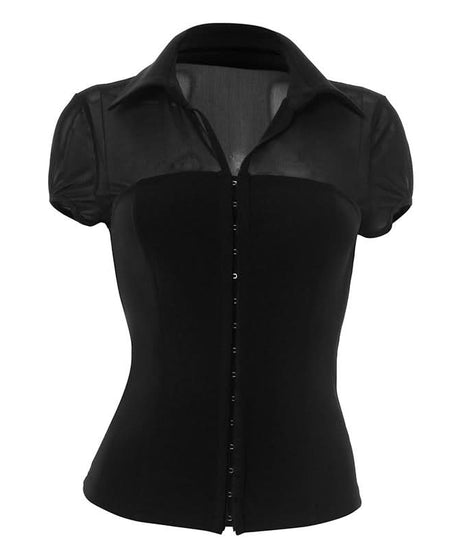 Elegant Mesh & Hook-Eye Collared Blouse - Chic Puff Sleeve Top for Fall & Holiday