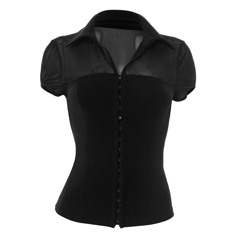 Elegant Mesh & Hook-Eye Collared Blouse - Chic Puff Sleeve Top for Fall & Holiday