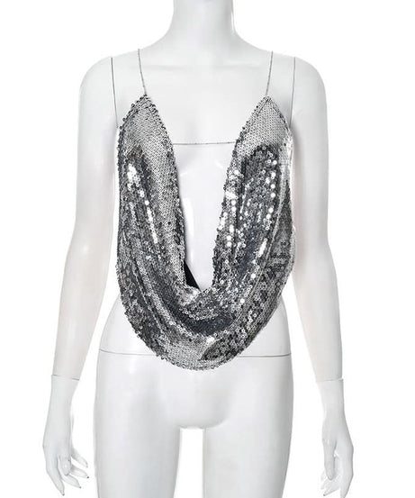 Sparkling Silver Sequin Cowl Neck Cami - Chic Cross-Back Straps for Holiday Parties & NYE