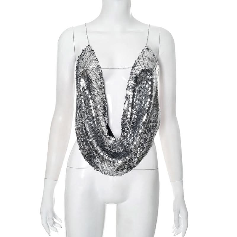 Sparkling Silver Sequin Cowl Neck Cami - Chic Cross-Back Straps for Holiday Parties & NYE