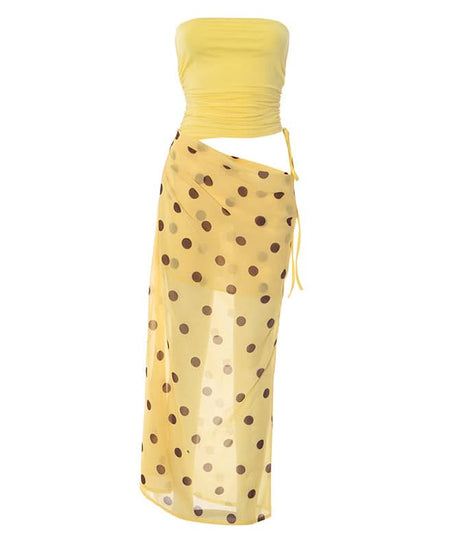 Polka Dot Chic: Ruched Tube Top & Sheer Cut-Out Maxi Dress for Your Fall Getaway