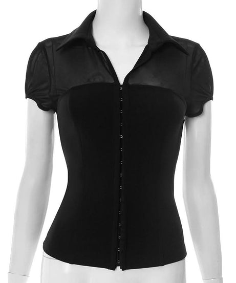 Elegant Mesh & Hook-Eye Collared Blouse - Chic Puff Sleeve Top for Fall & Holiday