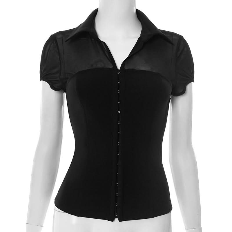 Elegant Mesh & Hook-Eye Collared Blouse - Chic Puff Sleeve Top for Fall & Holiday